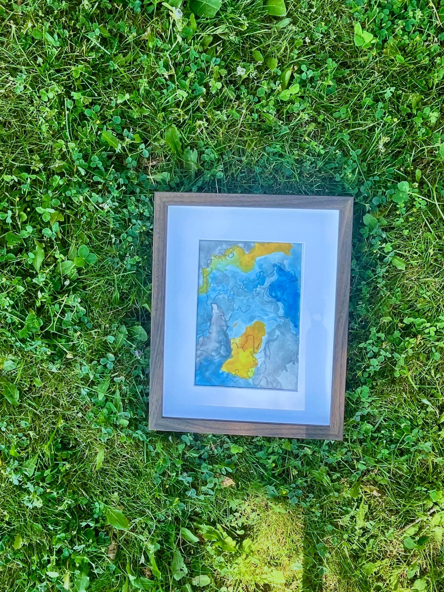 Abstract painting with bright colours and pencil lines. Framed in wooden frame. original painting by female, canadian artist