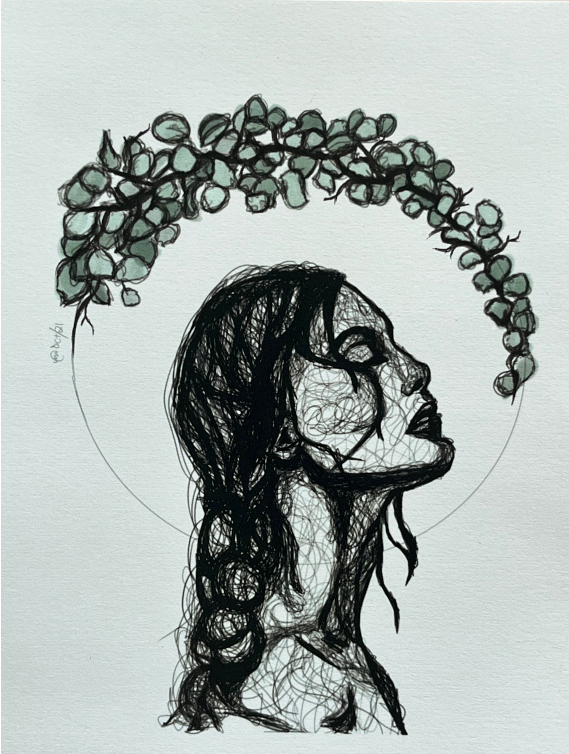 Eucalyptus: Woman with messy braid looking up encircled with Eucalyptus hanging above her head